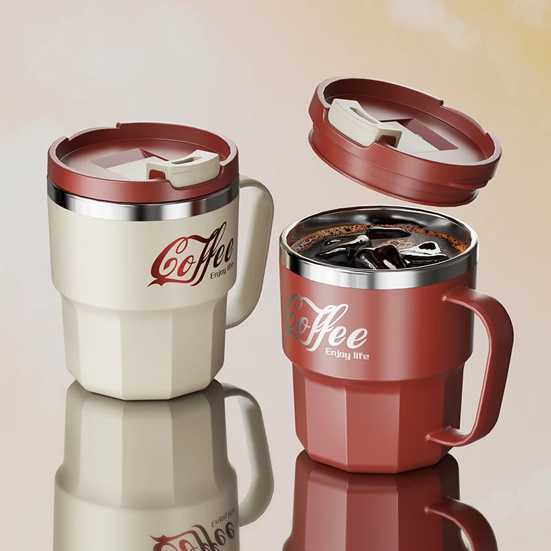 Taza de café aislada de doble pared de 400 ml, taza de café de acero inoxidable 304 con tapa y asa, taza de agua reutilizable