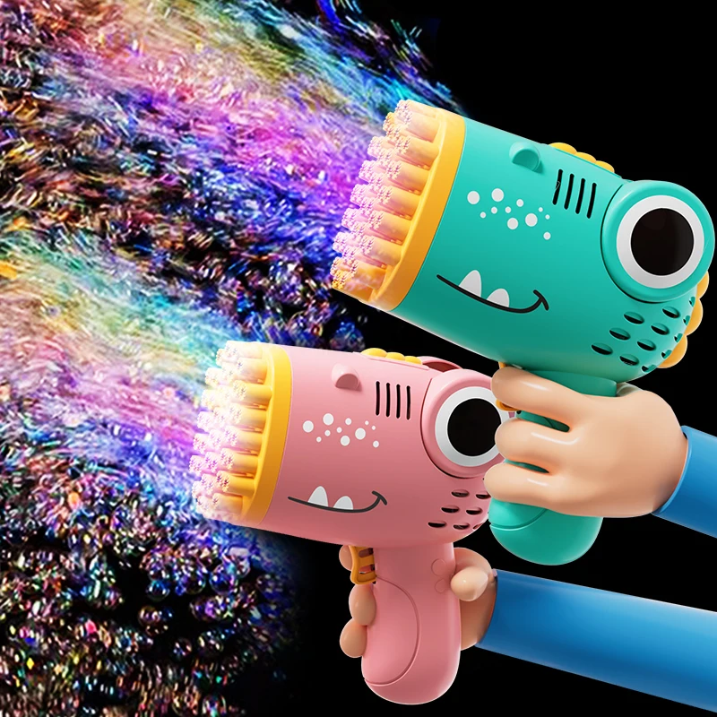 Máquina de burbujas portátil con 40 agujeros Dinosaurio, pistola de burbujas eléctrica para fiesta de boda al aire libre (sin agua para burbujas)