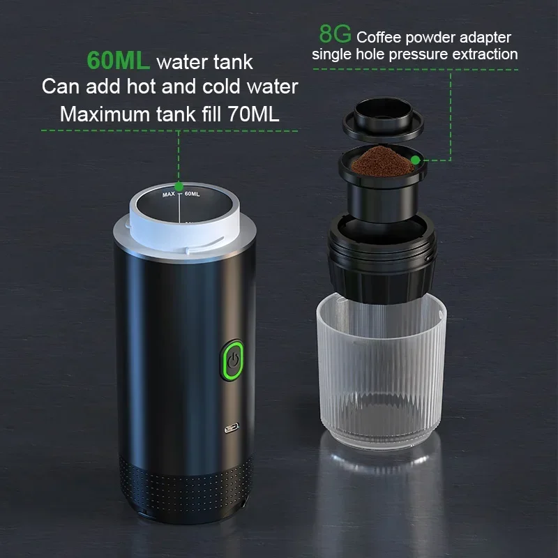 Máquina de café espresso eléctrica portátil inalámbrica para coche y hogar, cafetera de camping 3 en 1, máquina de café de cápsula y polvo para viajar. - Image 5